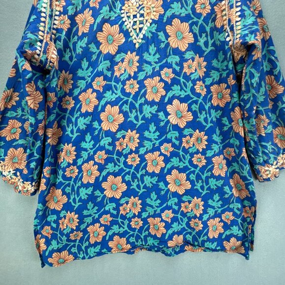 Amaya Textiles Top‎ Womens 42 M/L Blue Pullover Floral Embroidered Thin Cotton - Picture 7 of 15